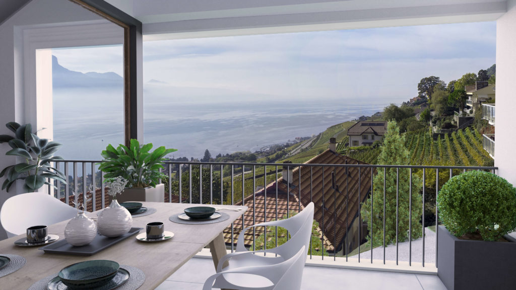 Immeubles de la promotion immobilière « 4 Soleils » à Chardonne, intégrés au paysage viticole de Lavaux avec vue sur le lac Léman.