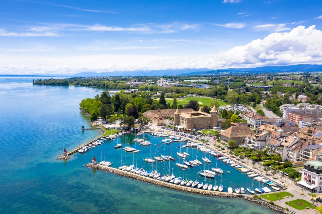 Aerial view of Morges castle in the border of the Leman Lake in